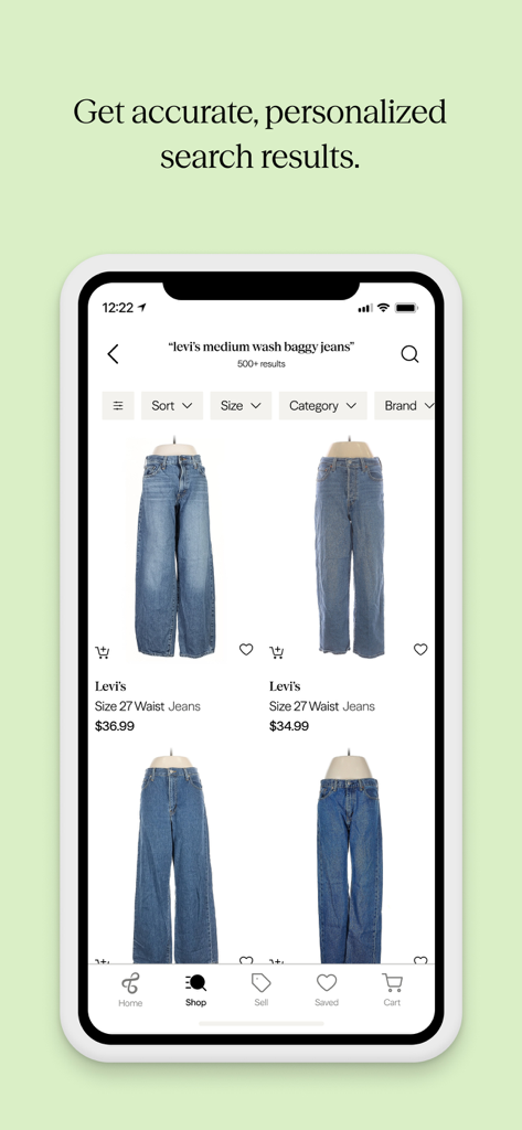 ThredUp: Online Thrift Store - フィルターオプション付きのLevisジーンズのパーソナライズされた検索結果を表示するThredUpアプリのモバイルスクリーンショット