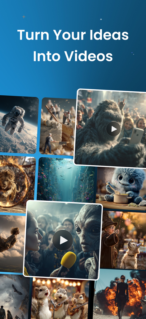 Promotional screen for AI Video Generator app featuring a collage of AI-generated video clips with the headline Turn Your Ideas Into Videos.