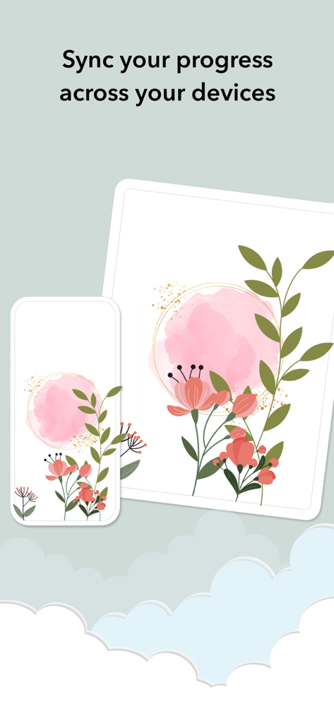 Eden: Daily Self Care Routine - 進捗状況の同期を示すために、Edenアプリからの同じ花のイラストを表示するスマートフォンとタブレット。