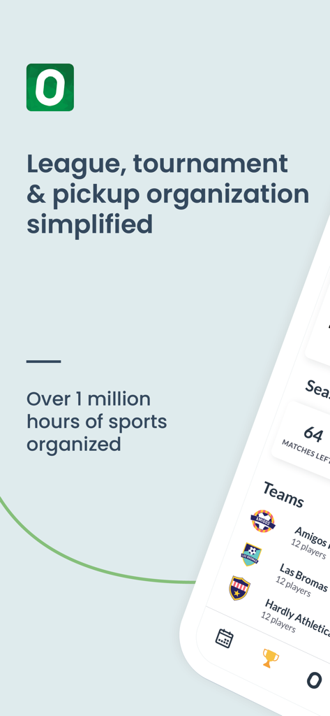 Tela do aplicativo OpenSports mostrando organização simplificada de ligas e esportes casuais