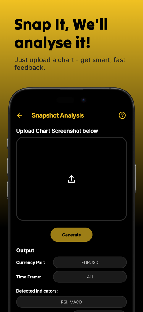 ForexView - Interfaccia di Snapshot Analysis nell'app ForexView dove gli utenti possono caricare grafici di trading per ricevere feedback basati sull'IA.