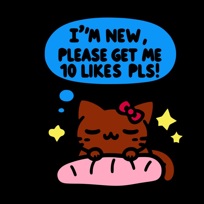 kitty taking a nap dream talking and saying "i'm new, please get me at least 10 likes pls!!"