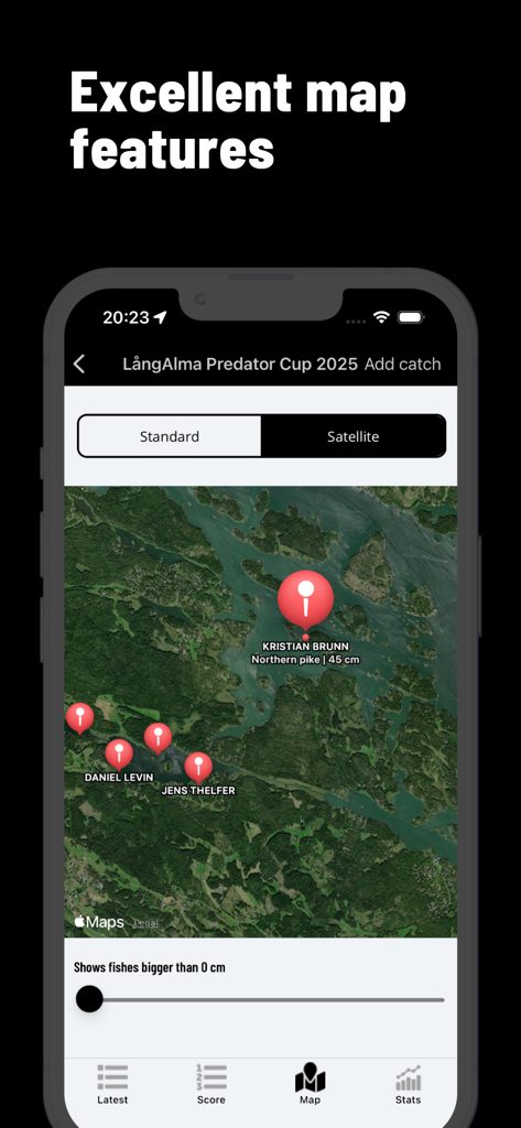 FishChamp - Fishing Challenges - FishChamp app satellite map view showing GPS registered fishing catches with angler names and fish measurements
