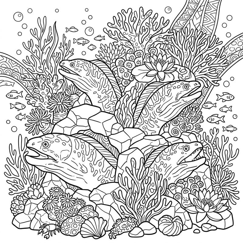 Unleash your creativity with this captivating coloring page featuring magnificent moray eels nestled within a blooming spring coral reef. Discover an intricate underwater world bursting with life and ready for your artistic touch.