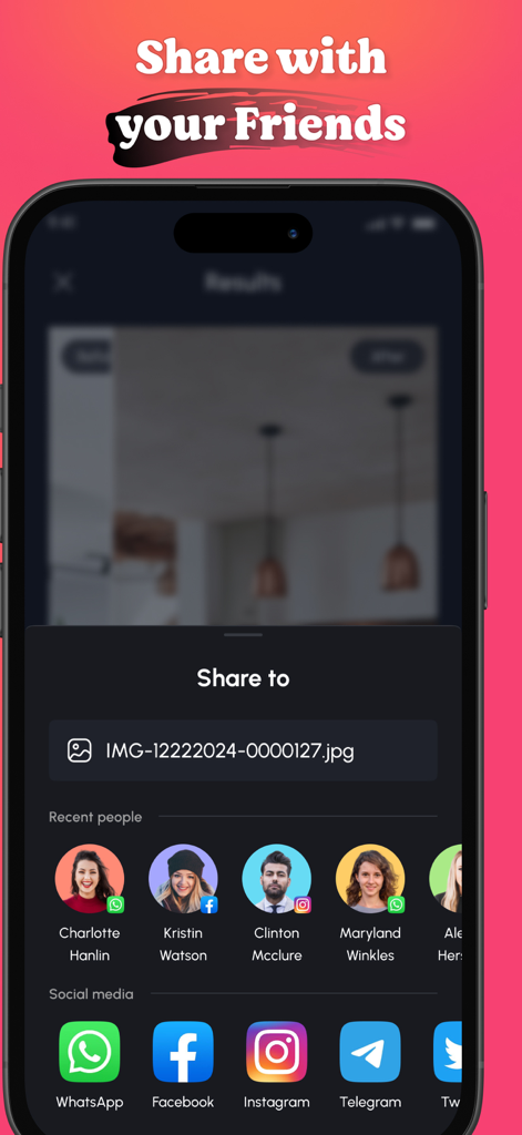 Una interfaz móvil para compartir diseños de hogar generados por IA con amigos en redes sociales y aplicaciones de mensajería.