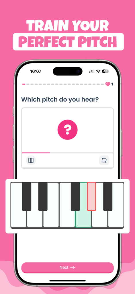 Trill app interface showing a perfect pitch recognition exercise with a piano keyboard