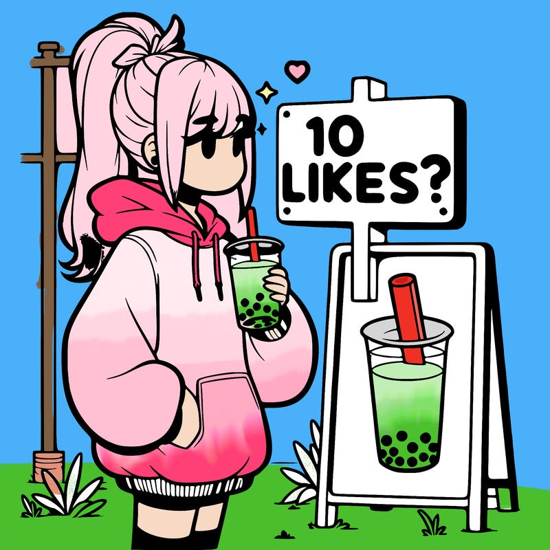 girl with oversized hoodie drinking boba and she has a high ponytail with a sign that says 10likes?