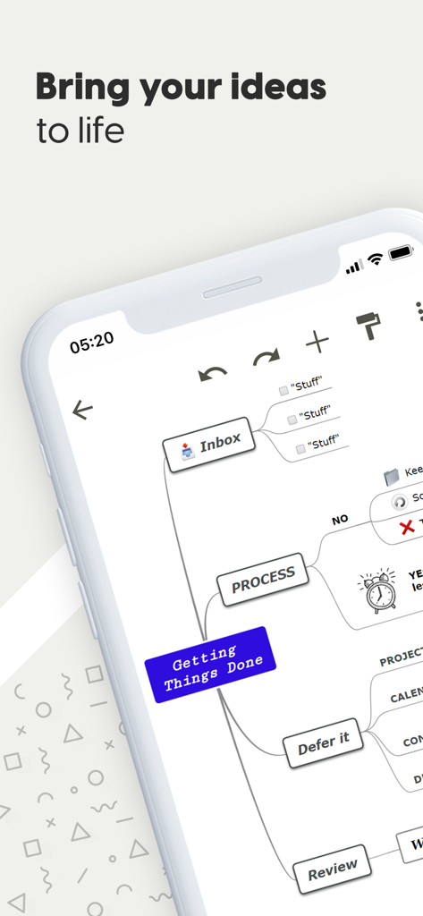 Mind Map Maker - Mindomo - Mindomo mobile app interface displaying a digital mind map based on the Getting Things Done productivity methodology