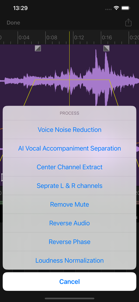 Menu di elaborazione audio dell'app Au Editor che mostra le opzioni di separazione vocale AI e riduzione del rumore