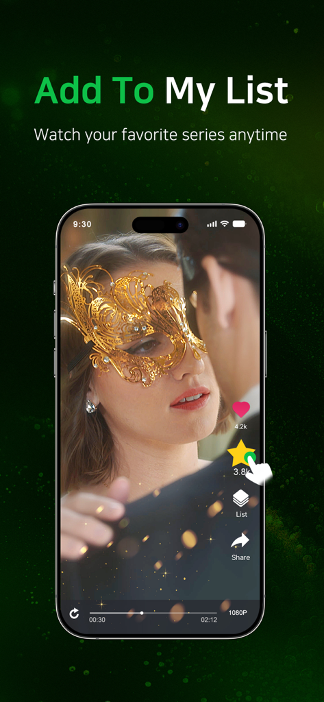 Interfaccia dell'app mobile TopReels che mostra una scena di un dramma romantico con evidenziata la funzione "Aggiungi alla mia lista"