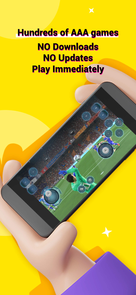 JoyArk Cloud Gaming - PC Games - Uno smartphone che mostra un gioco di calcio di fascia alta giocato tramite JoyArk Cloud Gaming con controlli su schermo.