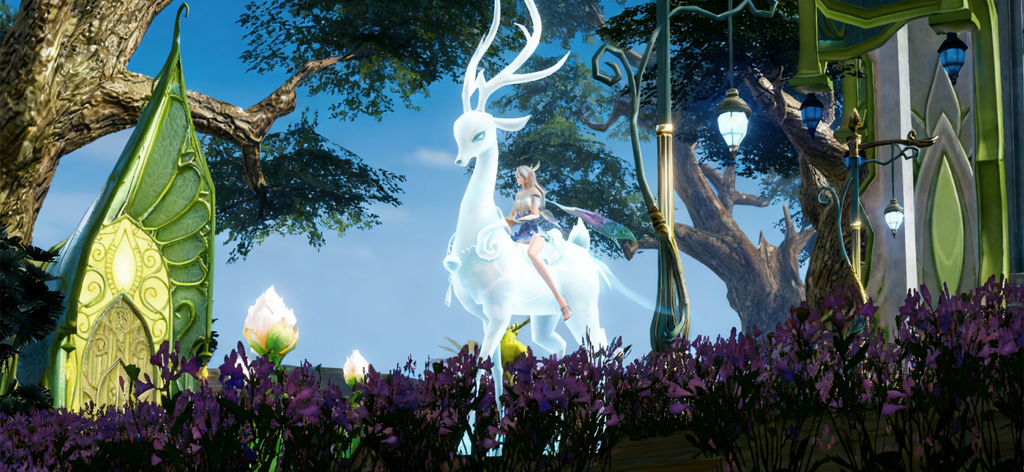 Perfect World: Ascend - Una personaje femenina montando un majestuoso corcel ciervo blanco en un exuberante paisaje de fantasía con flores púrpuras