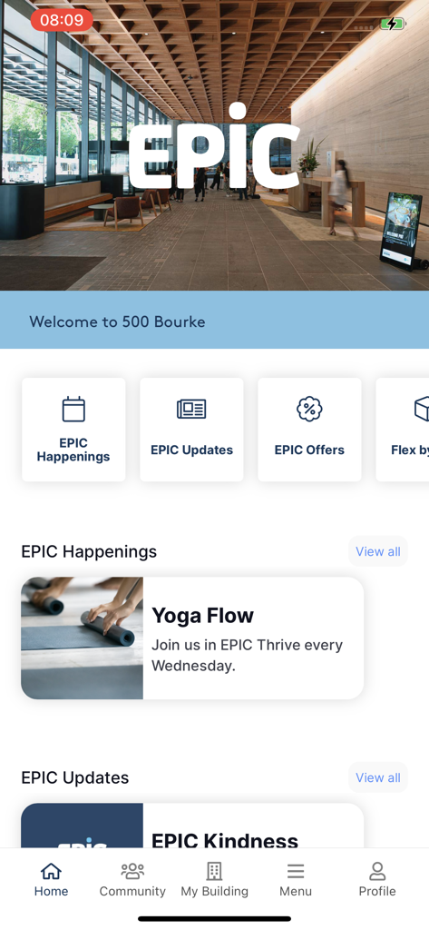 EPIC by ISPT - Home screen of the EPIC by ISPT app displaying building events and community updates