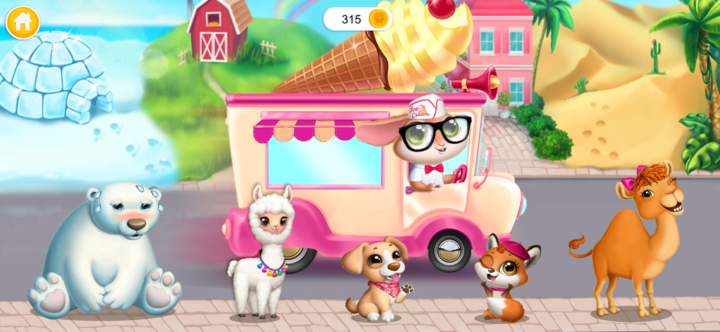 Swirly Icy Pops - Blush the Bunny en un camión de helados rosa rodeado de adorables amigos animales