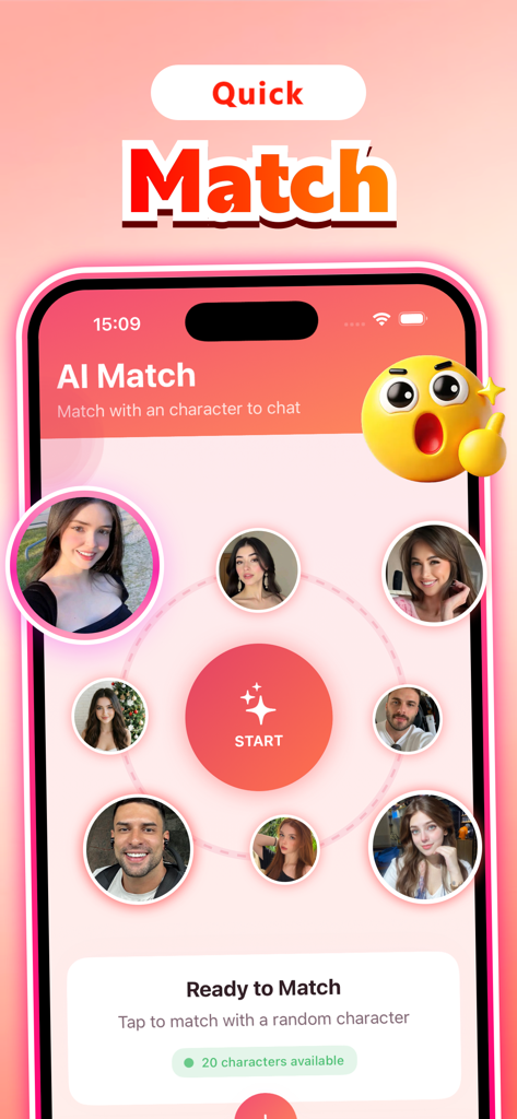 Zella - Chat & Match - Interface do aplicativo Zella mostrando o recurso de correspondência de IA com vários perfis de personagens