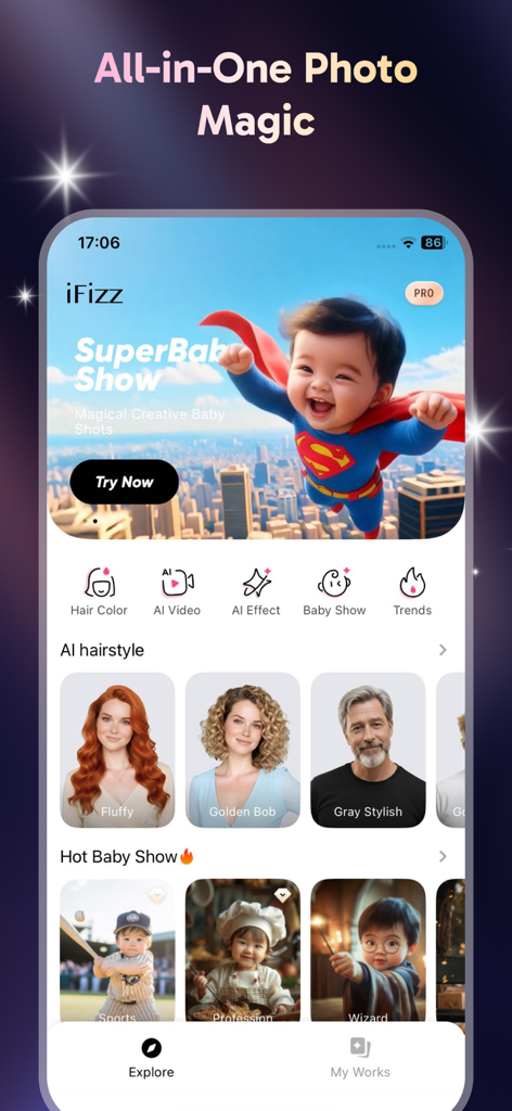 Oberfläche der iFizz-App mit KI-Frisuren-Anprobe-Optionen und dem Super Baby Show Foto-Transformationswerkzeug.