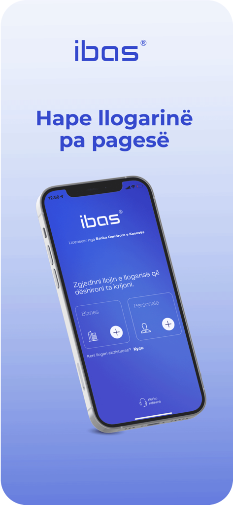 IBAS app on a smartphone showing free account opening for business and personal users
