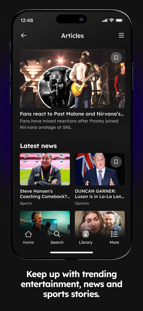 rova app interface showing trending entertainment news and sports articles