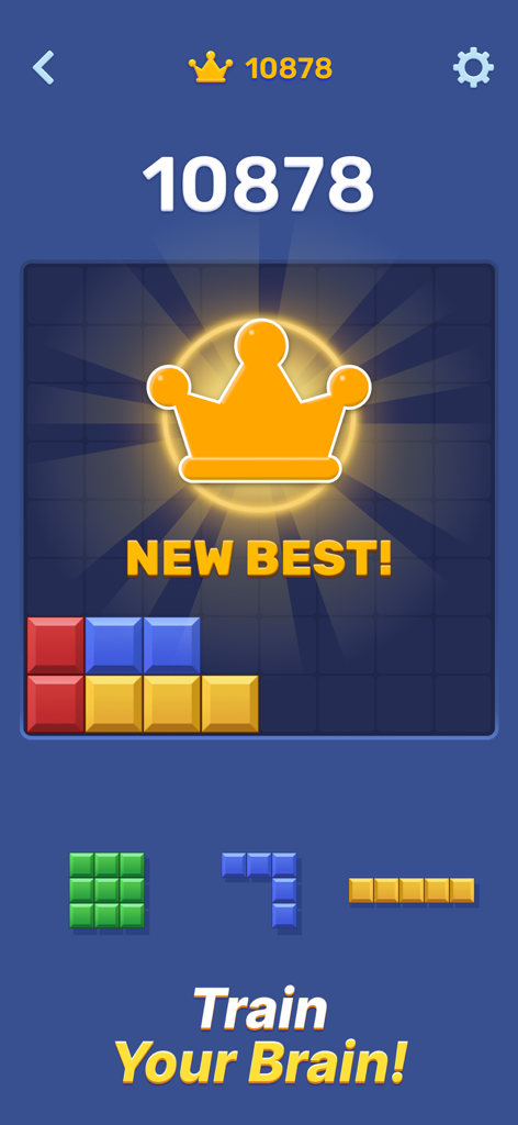 Block-Tok: Puzzle Game - Block-Tok Puzzle-Spiel-Bildschirm, der einen neuen Highscore mit einer goldenen Krone und bunten Blockformen zeigt