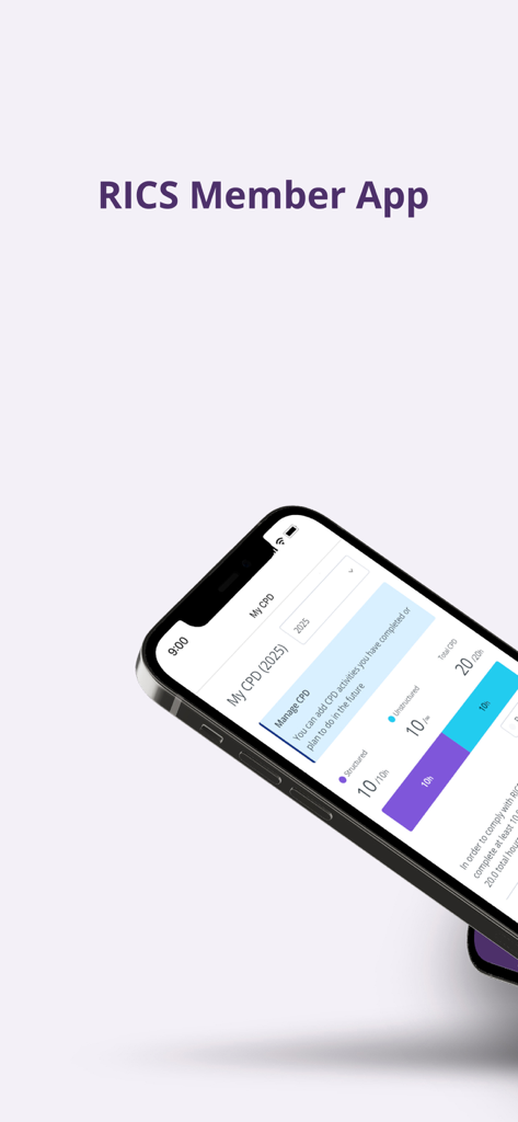 An iPhone displaying the CPD tracking dashboard of the RICS Member App.