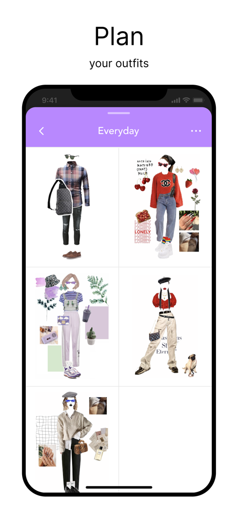 Uma grade de looks de moda curados no aplicativo Combyne na seção 'Planeje seus looks'