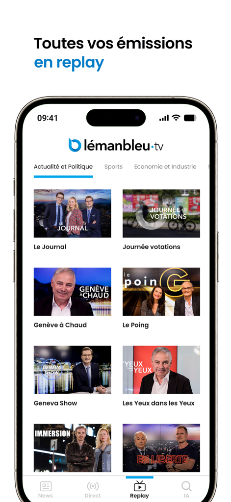 Léman Bleu - Interfaz de la aplicación Leman Bleu que muestra programas de repetición disponibles para noticias y política de Ginebra