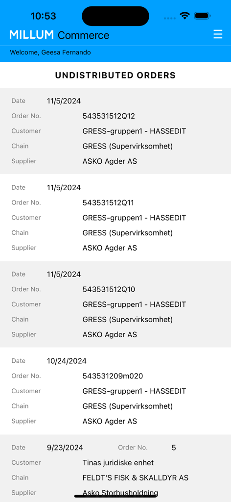 A list of undistributed orders within the Millum Commerce B2B procurement application