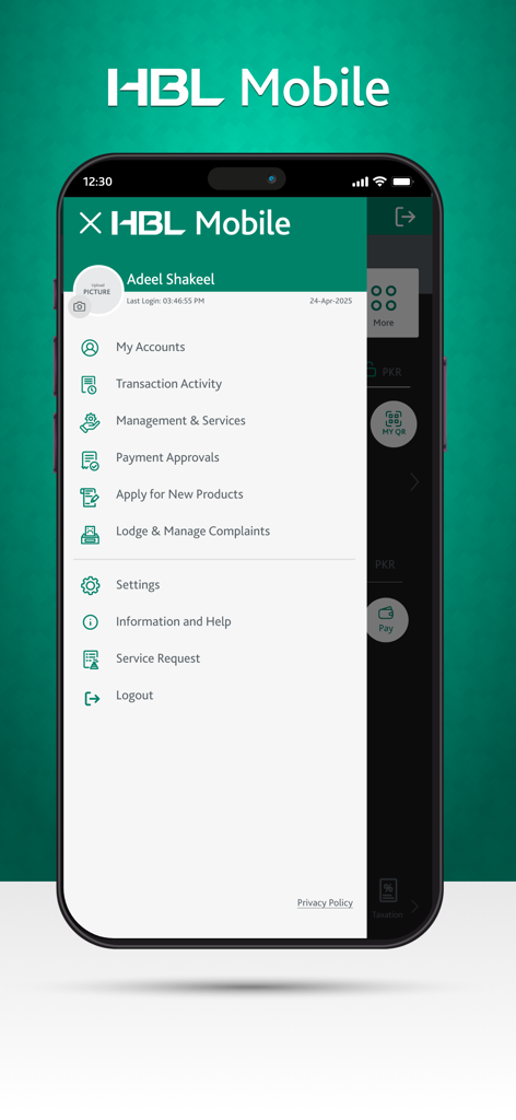 Side navigation menu of HBL Mobile app displaying banking and service options