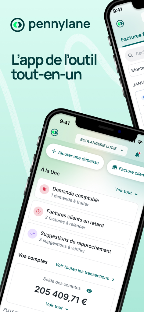 Pennylane - Interfaz móvil de la aplicación de contabilidad Pennylane que muestra el panel financiero y las tareas