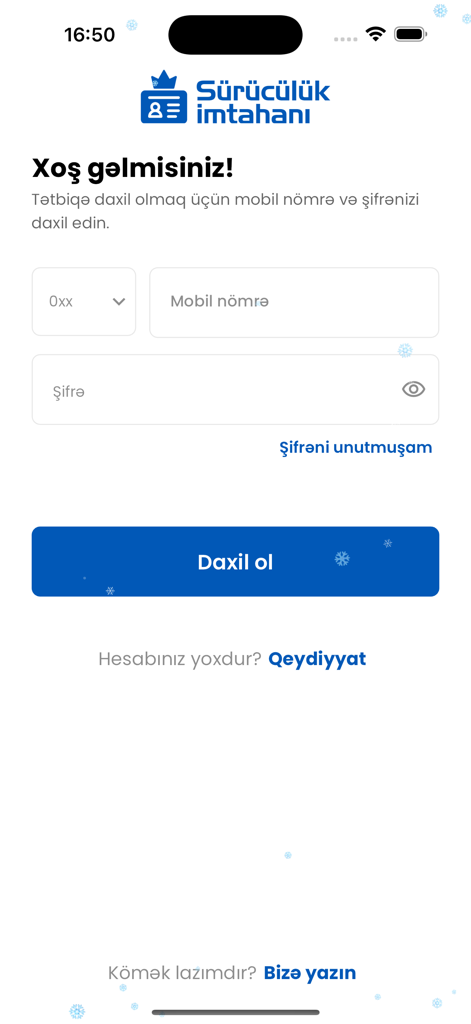 Sürücülük İmtahanı Online - Login screen of the Suruculuk Imtahani Online driving exam preparation app in Azerbaijani language.