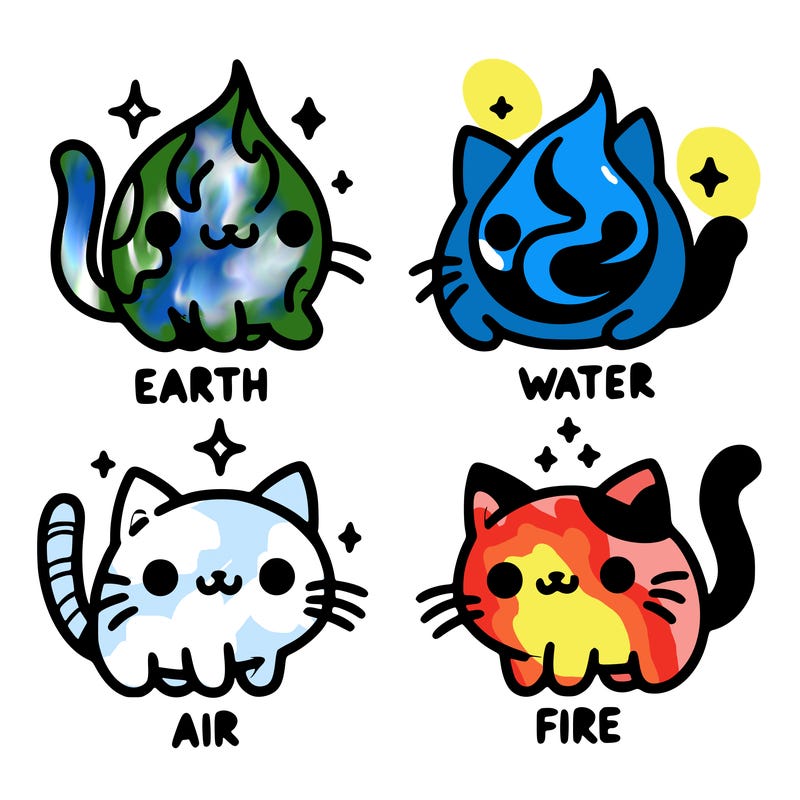 4 cats that represent the different elements, earth, water, air, and fire
