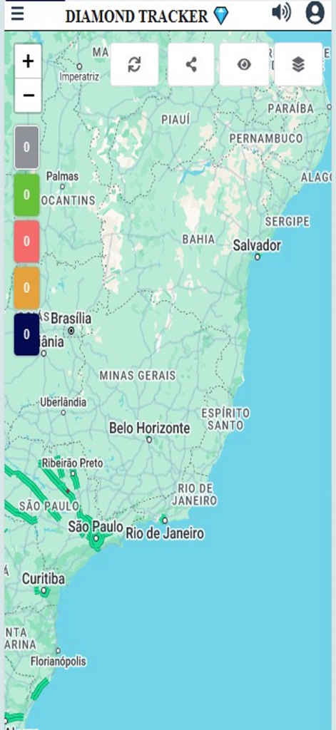 Diamond Tracker - Diamond Tracker app interface showing a real time GPS map with vehicle status indicators