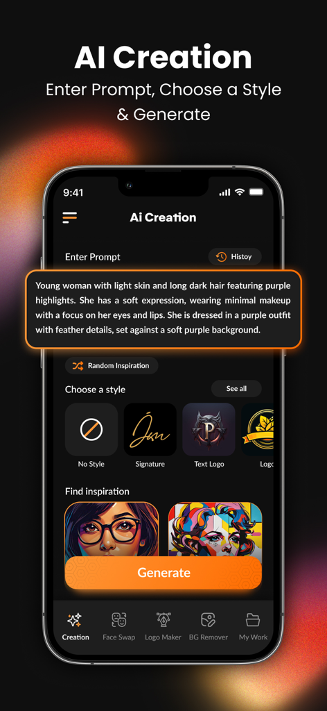 AI Logo Maker & Design Studio - Interfaz de la aplicación AI Logo Maker mostrando una entrada detallada de indicación de texto y varios estilos de diseño para la generación de imágenes.