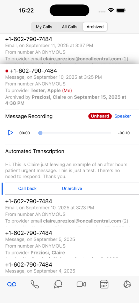 On Call Central medical app screen displaying a patient message with automated transcription and audio playback.