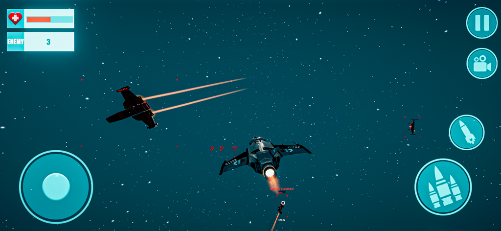 Air Fighter Jet Simulator Game - Aerial combat gameplay showing a fighter jet pursuing enemy targets in a starry sky with on-screen controls