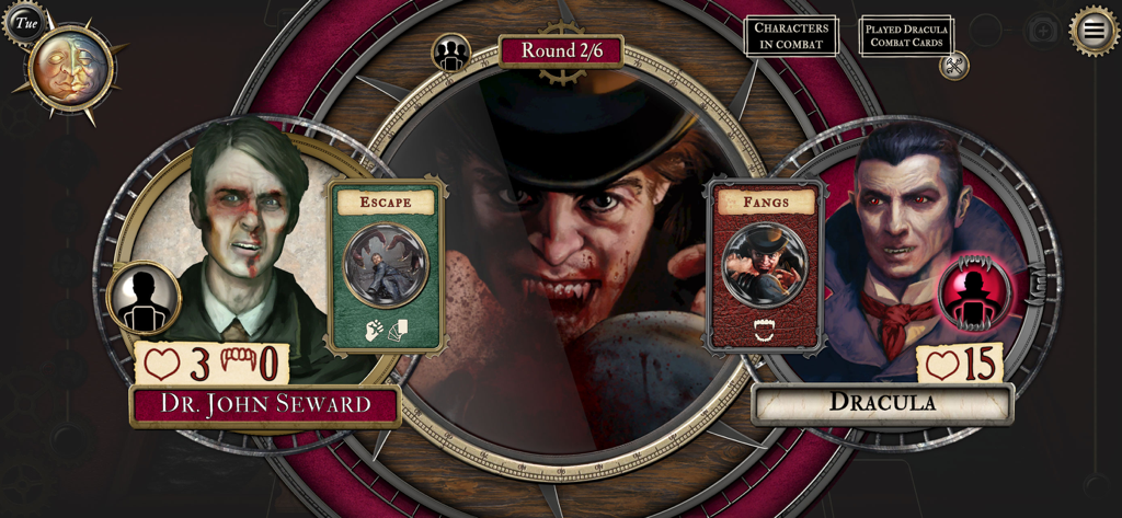 Fury of Dracula - Interfaz de combate en Fury of Dracula Digital Edition con el Dr. John Seward y Drácula.