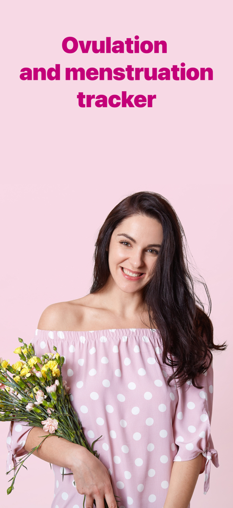 Una mujer sonriente sosteniendo flores sobre un fondo rosa con el texto Rastreador de Ovulación y Menstruación.