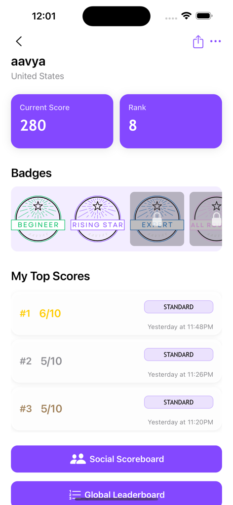 Learn Geography: AV Countries - Tela de perfil de usuário do aplicativo Aprenda Geografia mostrando pontuação atual, classificação global, distintivos de conquistas e pontuações máximas.