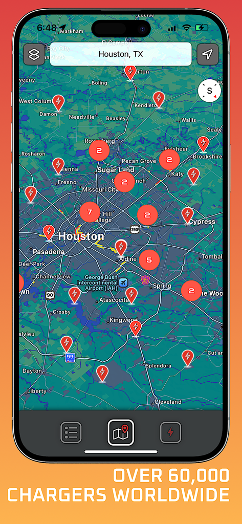 Kartenansicht von Tesla Supercharger-Stationen in Houston, Texas, mit mehreren Ladestandorten