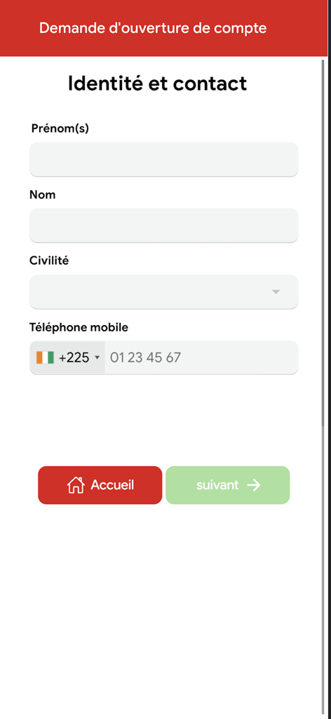 Cofina Mobile + - Cofina Mobile app account opening screen for identity and contact information