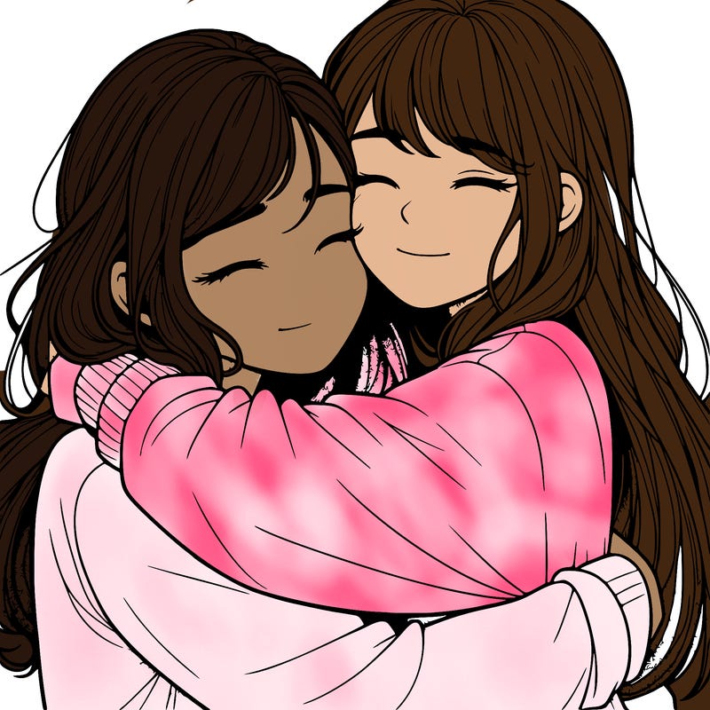 realistic two girls hugging