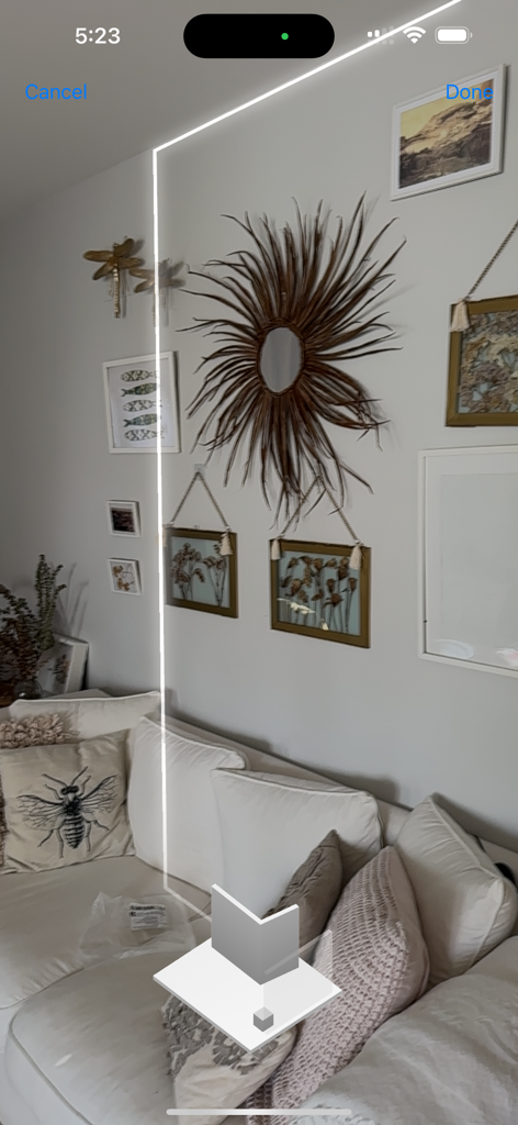 AI Room Plan Scanner app interface showing a 3D LiDAR scan of a living room wall and furniture