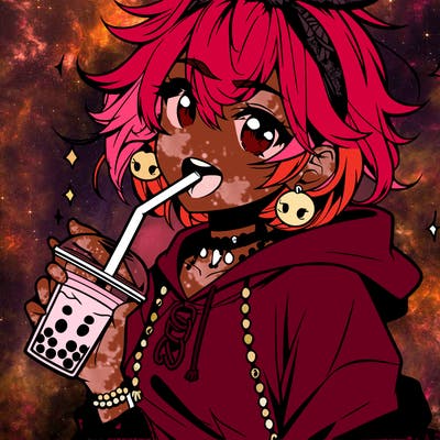 hot baddie anime girl drinking boba and biting the straw