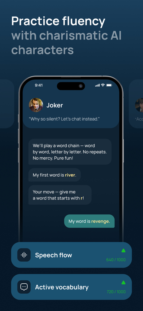 Storist: Read & Speak English - Mobile app interface showing a conversation with an AI character to practice English fluency through a word chain game.
