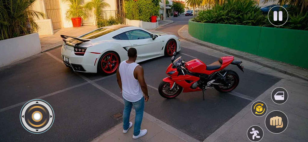 Gangster Simulator Crime Game - A character standing between a white sports car and a red motorcycle in the Gangster Simulator Crime Game