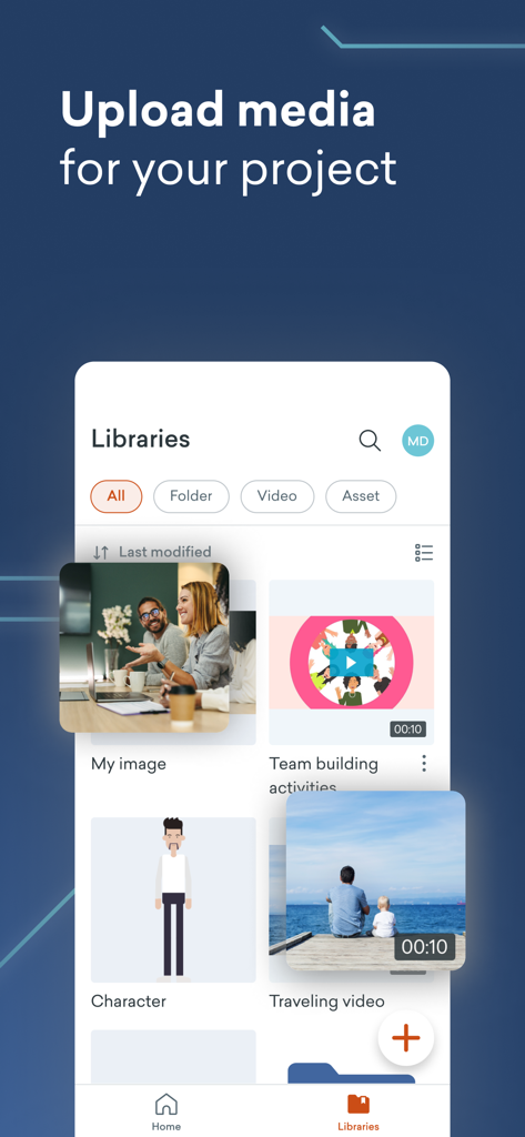 Interface of the Vyond mobile app showing the media library with options to upload images, videos, and character assets for video projects.