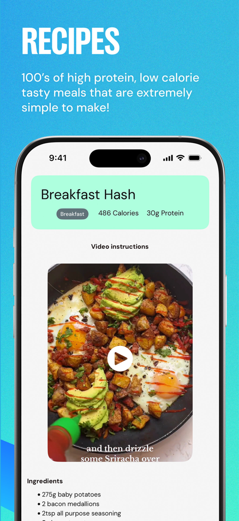 Glean App recipe screen for a high protein breakfast hash with calorie details