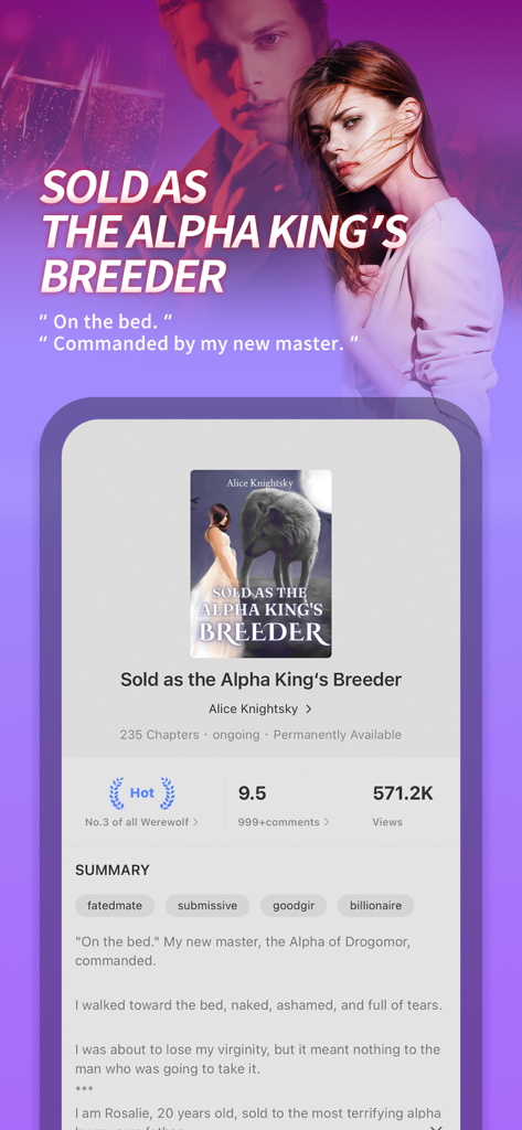 Storyaholic - Short Story - Sold as the Alpha King's Breederというタイトルの狼男ロマンスストーリーの詳細を表示するStoryaholicアプリのスクリーンショット。