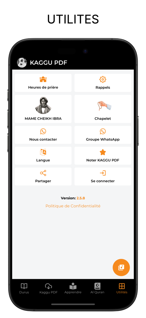 Utilities menu of the Kaggu PDF app featuring prayer times and religious study tools for the Mouride community