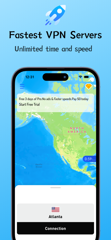 Aplicación Octopus VPN en iPhone mostrando un mapa y conexión de servidor para Atlanta